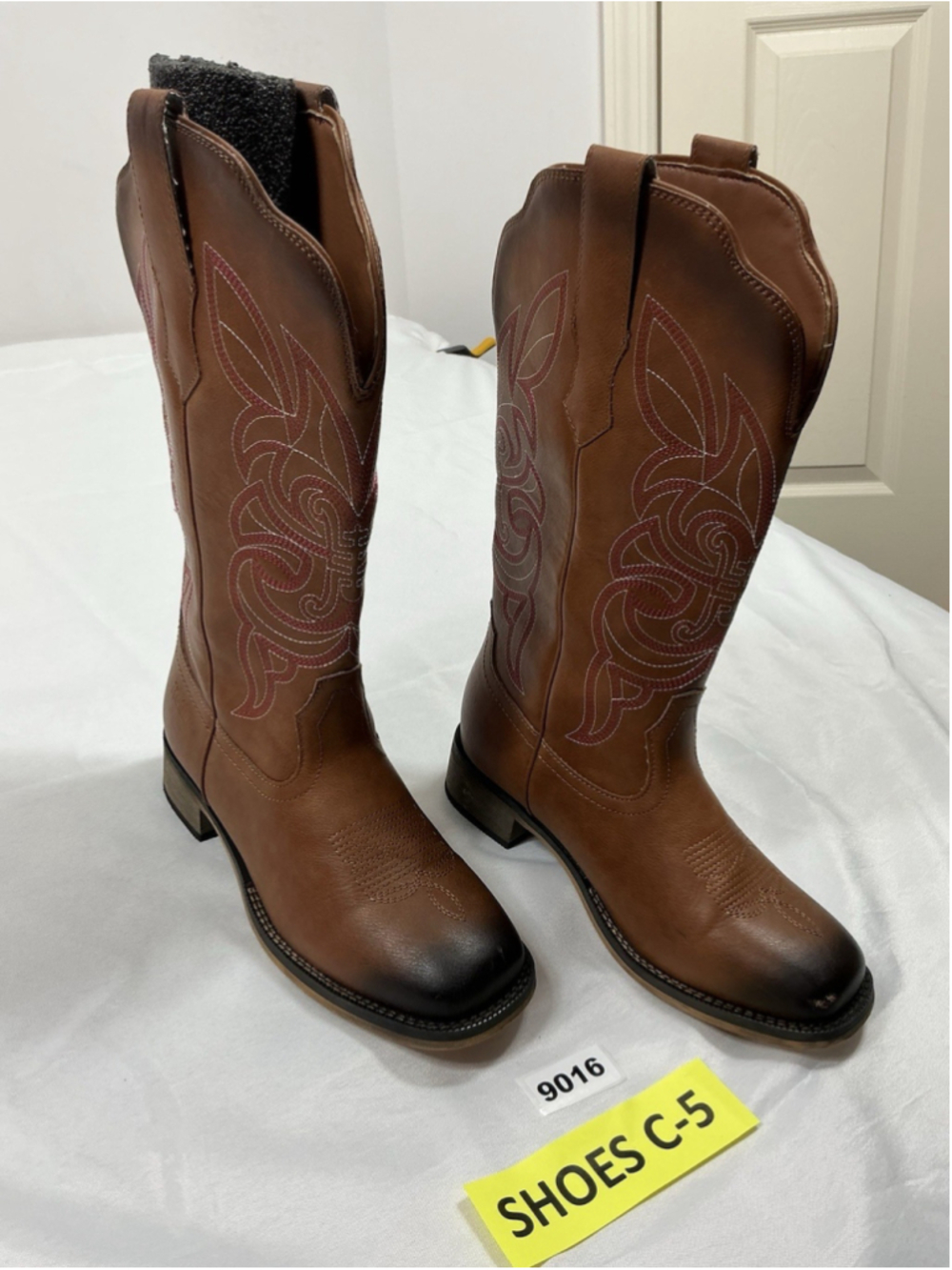 Womans Rollda Midcalf Cowgirl Boots 7.5 Brown Pullon square Toe Chunky Heel